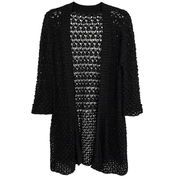 New Calypso St Barth Black Crochet Open Front Cardigan Sweater Boho Knit Large - Picture 1 of 3
